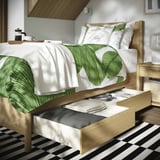 TONSTAD Bed frame with storage, oak veneer/Lyngör white, Twin