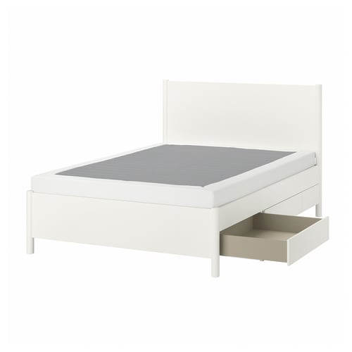 White TONSTAD bed, minimalist style, 4 drawers, high base, clean lines.