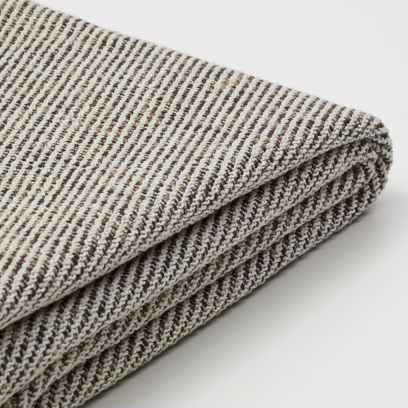 Folded striped knit blanket, grey and brown tones, textured fabric, neatly arranged.
