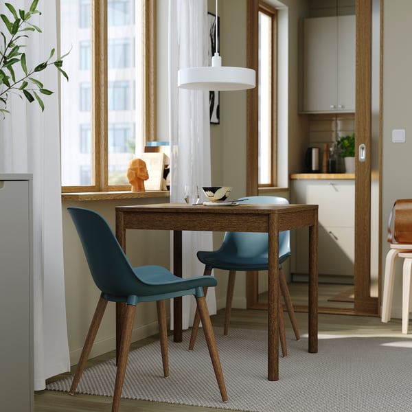 TONSTAD / GRÖNSTA Table and 2 chairs, brown oak veneer/gray-turquoise, 31 1/2/47 1/4x27 1/2 "