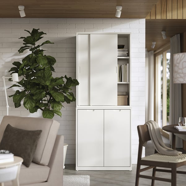 TONSTAD Storage combination w sliding doors, off-white, 31 7/8x18 1/2x79 "