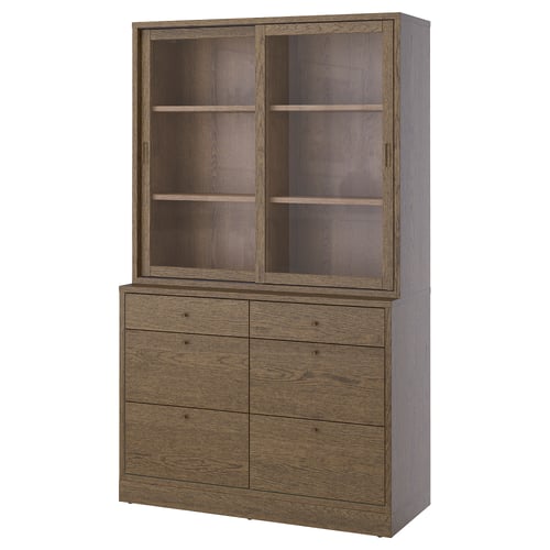 Wooden furniture set: cabinet, glass doors, 6-drawer chest, dark brown.