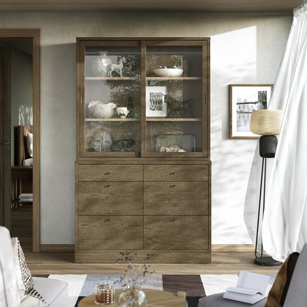 TONSTAD Storage combination with drawers, brown stained oak veneer/glass, 47 1/2x18 1/2x82 5/8 "