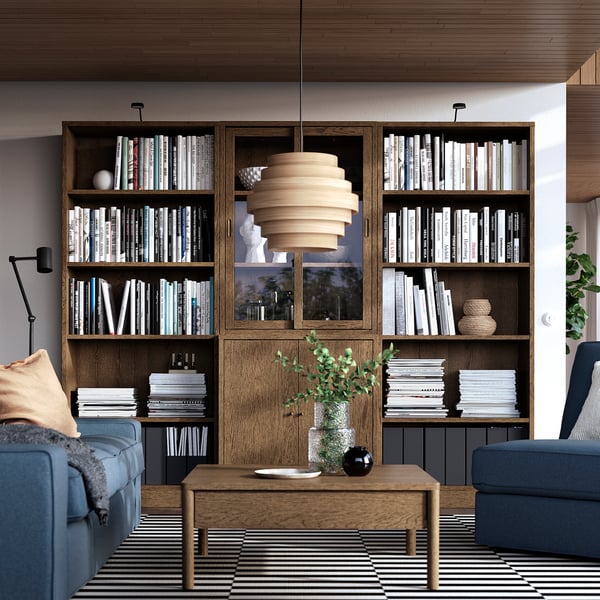 TONSTAD Storage with sliding glass doors, brown stained oak veneer/clear glass, 96 1/2x18 5/8x78 7/8 "