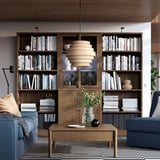 TONSTAD Storage with sliding glass doors, brown stained oak veneer/clear glass, 96 1/2x18 5/8x78 7/8 "