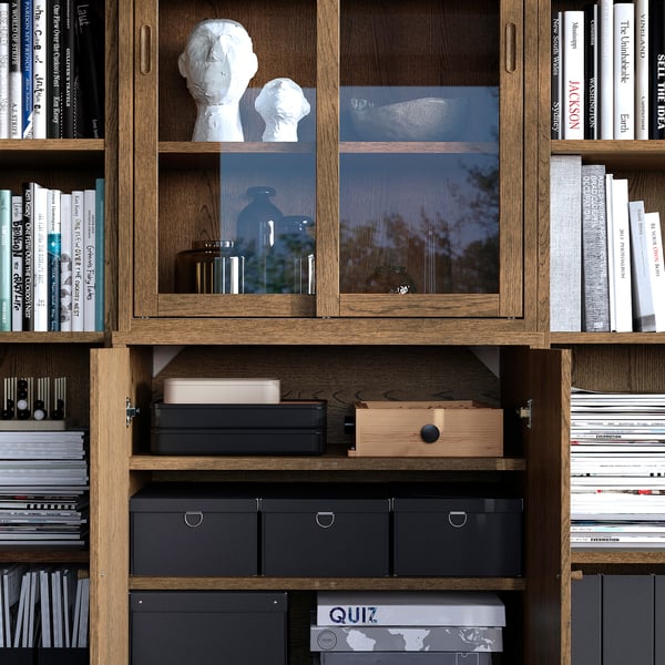 TONSTAD Storage with sliding glass doors, brown stained oak veneer/clear glass, 96 1/2x18 5/8x78 7/8 "