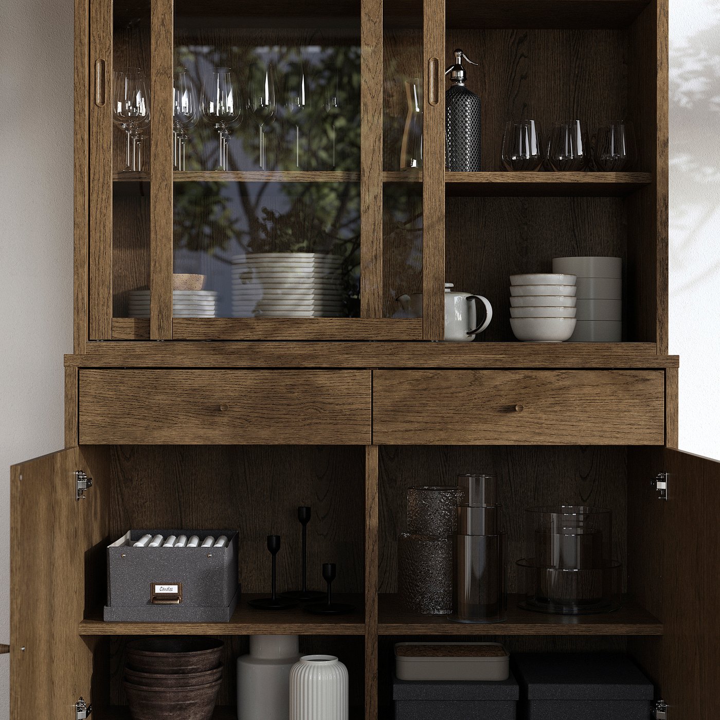 TONSTAD storage with sliding glass doors, brown stained oak veneer