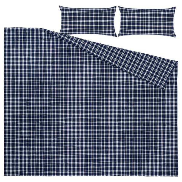 TORNTUSS Comforter set, dark blue/check, King