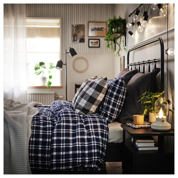 TORNTUSS Comforter set, dark blue/check, King
