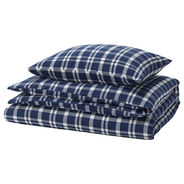 TORNTUSS Duvet cover and pillowcase(s), dark blue/check, Twin