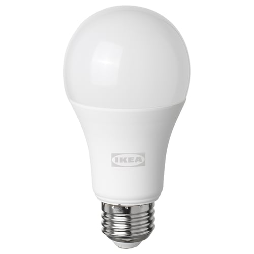 Ikea TRÅDFRI led light bulb, white, spherical shape with a metallic base.