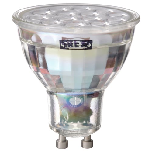Ikea TRÅDFRI led bulb, clear with silver base, globe shape, iridescent finish.