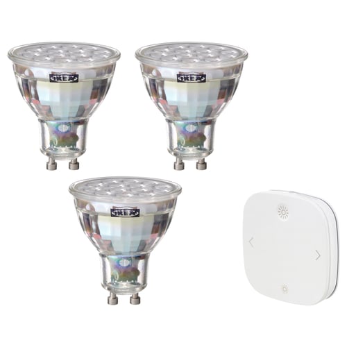 IKEA TRÅDFRI smart light bulbs with remote control for dimming and colour adjustment.