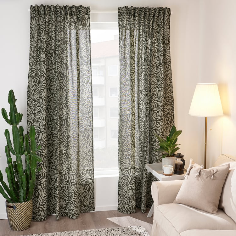 TRÅGSPINNARE Curtains, 1 pair, dark green/leaves, 57x98" IKEA