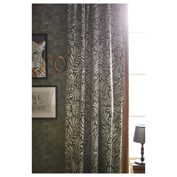 TRÅGSPINNARE Curtains, 1 pair, dark green/leaves, 57x98" IKEA