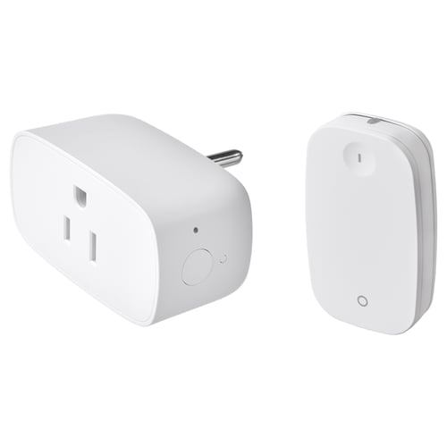 Two white smart plug and remote control devices, one with dual outlets, sleek and rounded, designed for home automation.