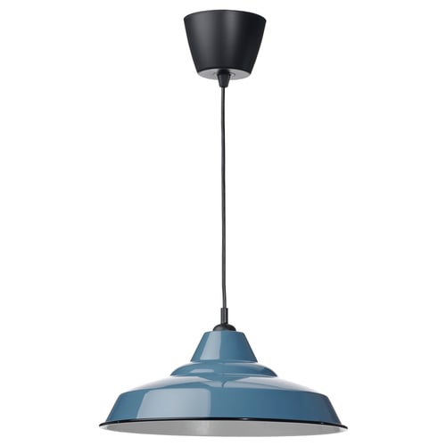 A TRETTIOEN pendant lamp in blue with a steel shade, classic style, and enamel finish.