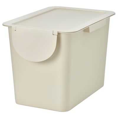 TRÖSKNING Bin with lid, light beige, 7 gallon