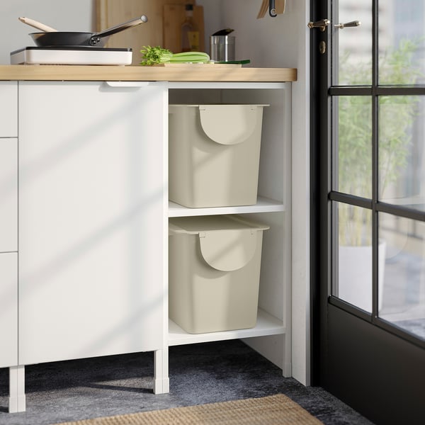 TRÖSKNING Bin with lid, light beige, 7 gallon