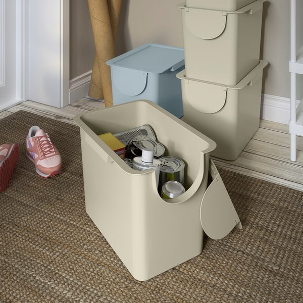 TRÖSKNING Bin with lid, light beige, 7 gallon