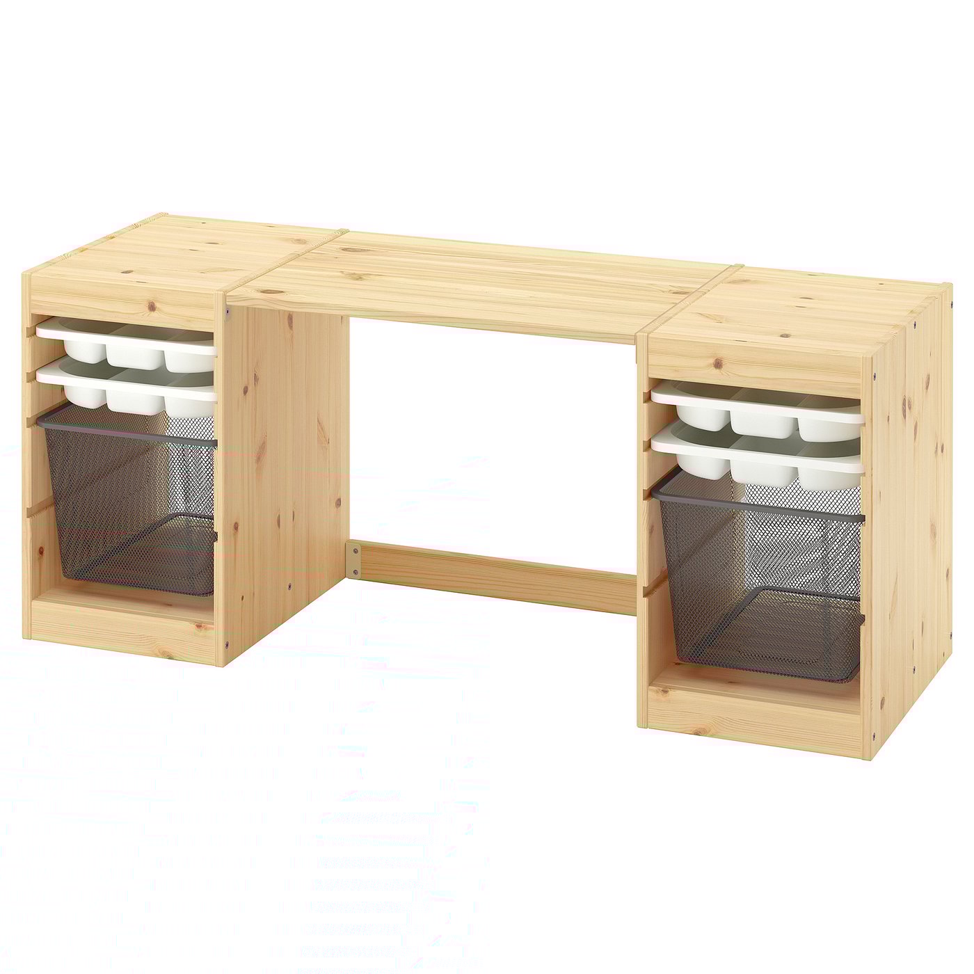 Desk With Mesh Storage Boxes/Trays, Light White Stained Pine/White Dark Gray