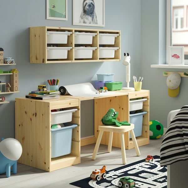 TROFAST Desk with storage boxes, light white stained pine/white light blue, 48 7/8x17 3/8x20 1/2 "
