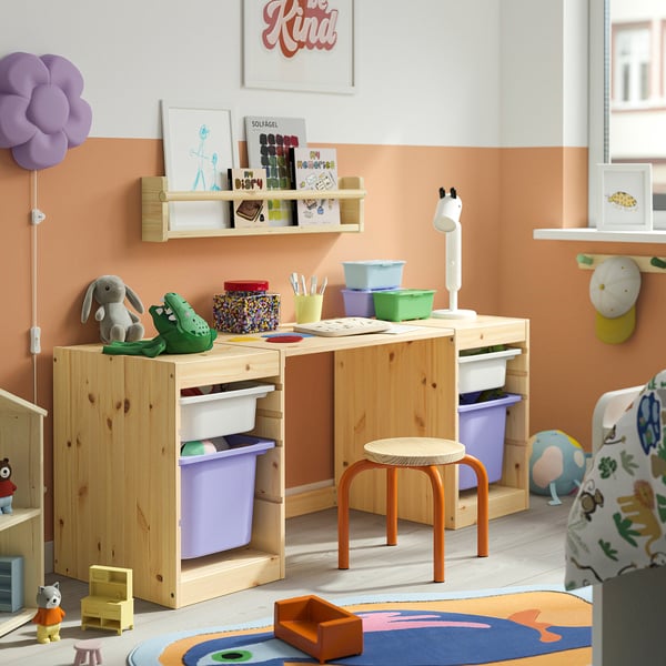 TROFAST Desk with storage boxes, light white stained pine/white lilac, 48 7/8x17 3/8x20 1/2 "