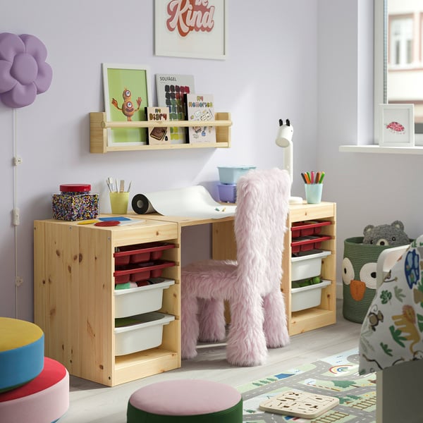 TROFAST Desk with storage boxes/trays, light white stained pine/red white, 48 7/8x17 3/8x20 1/2 "