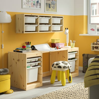 TROFAST Desk with storage boxes/trays, light white stained pine/white white, 48 7/8x17 3/8x20 1/2 "