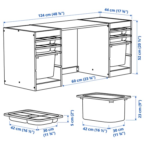 TROFAST Desk with storage boxes/trays, light white stained pine/white, 48 7/8x17 3/8x20 1/2 "