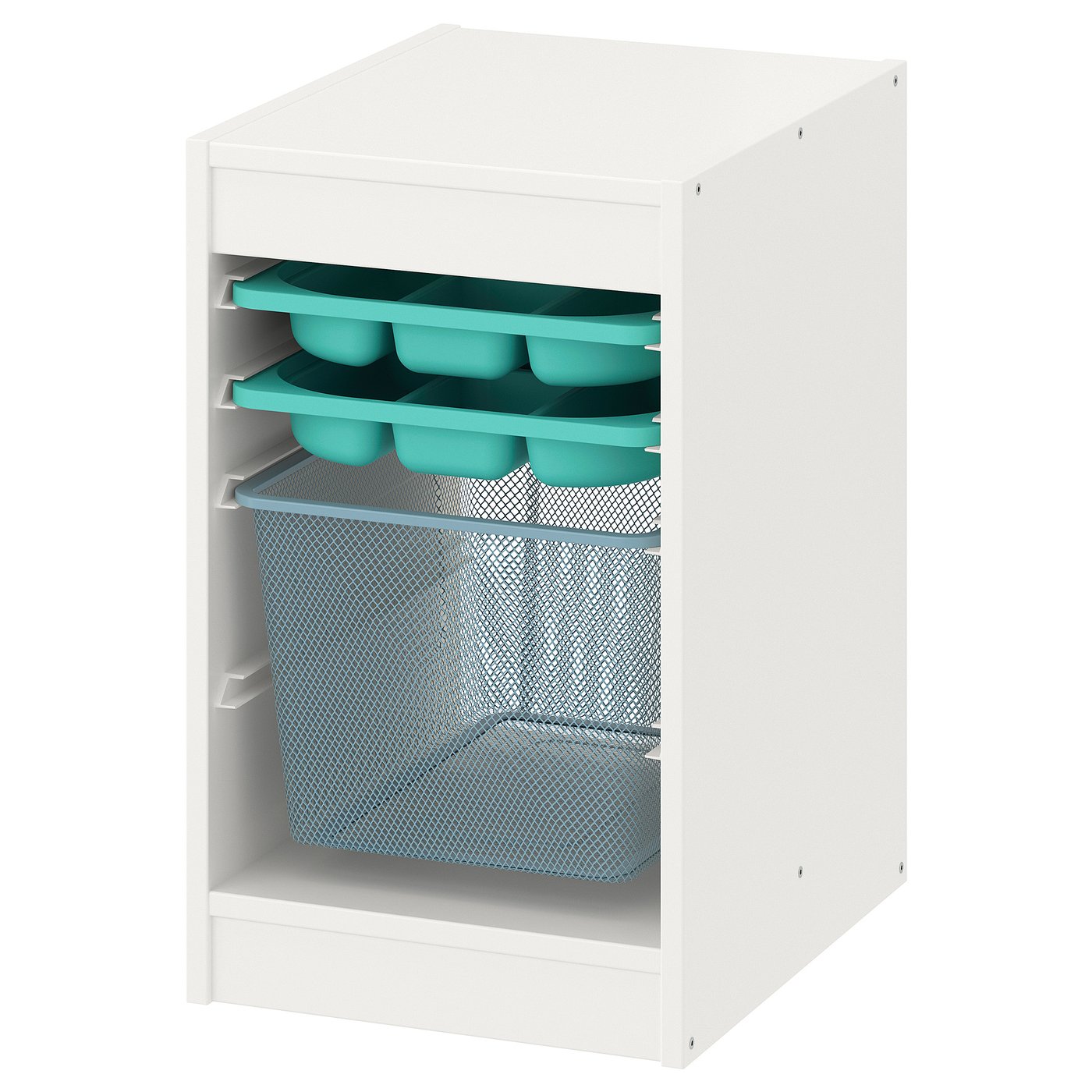 TROFAST storage combination with box/trays, white turquoise/gray
