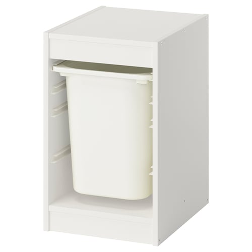 A white TROFAST kids organiser with a plastic bin and a green shelf.