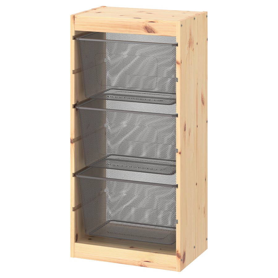 TROFAST storage combination with boxes, light white stained pine/dark gray, 173/8x113/4x357/8