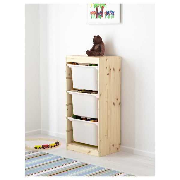 TROFAST Storage combination with boxes, light white stained pine/orange, 17 3/8x11 3/4x35 7/8 "