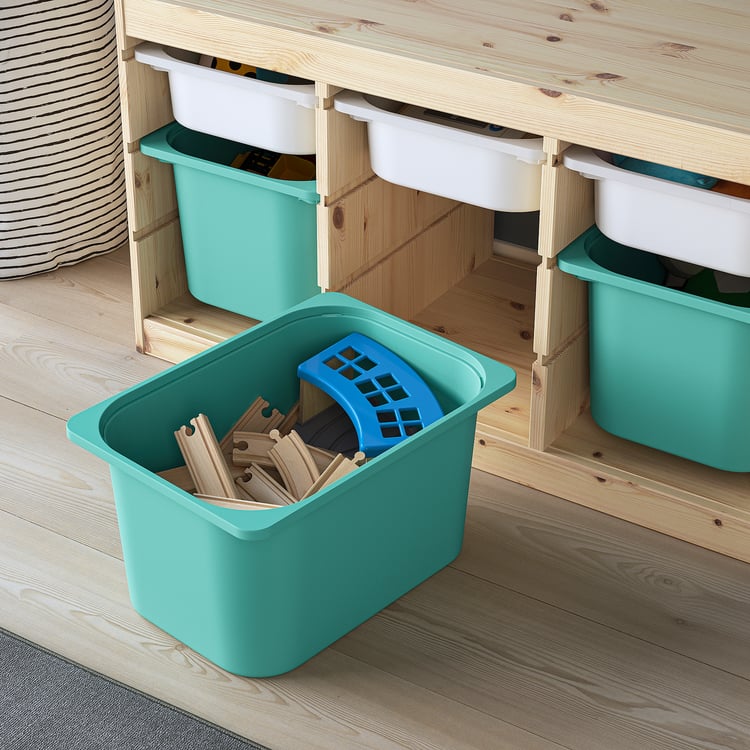 TROFAST storage combination with boxes, light white stained pine white/turquoise, 365/8x173