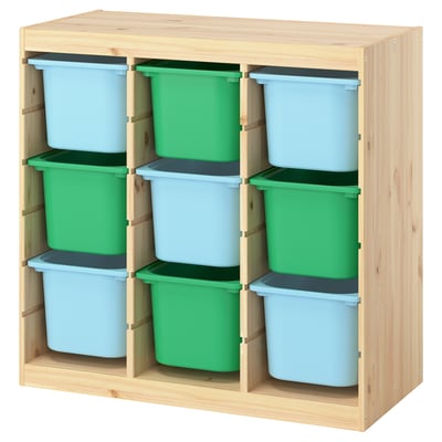 TROFAST Storage combination with boxes, room divider light white stained pine/light blue bright green, 36 5/8x17 3/8x35 7/8 "