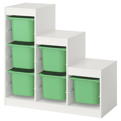 White TROFAST unit with green bins, perfect for kids toy storage.