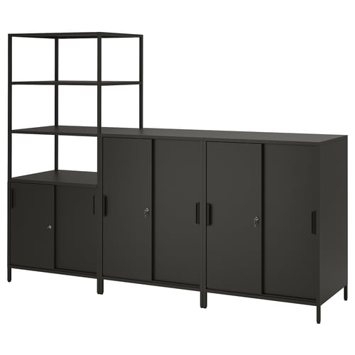 A black trotton double-sided cabinet, featuring both open and closed storage. Its ideal for room division with sliding doors and adjustable shelves.