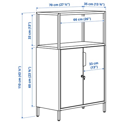White TROTTEN metal storage unit with adjustable feet and doors.