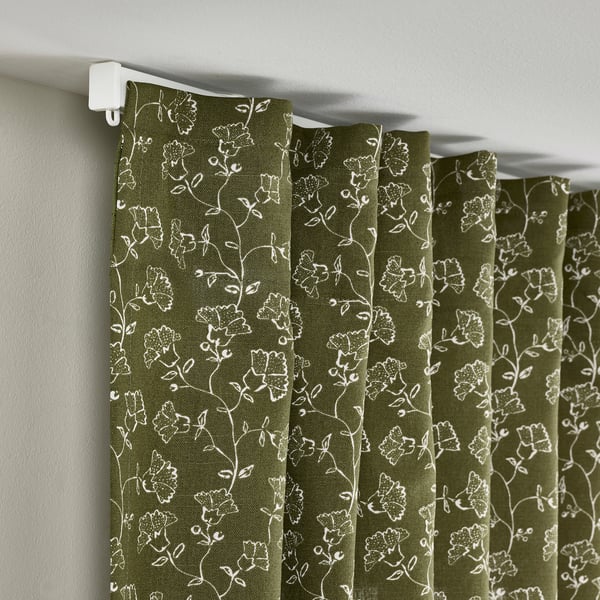 TRYSTÄVMAL Curtains, 1 pair, green/white floral pattern/with heading tape, 57x98 "