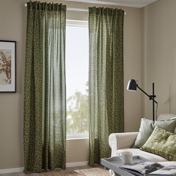 TRYSTÄVMAL Curtains, 1 pair, green/white floral pattern/with heading tape, 57x98 "