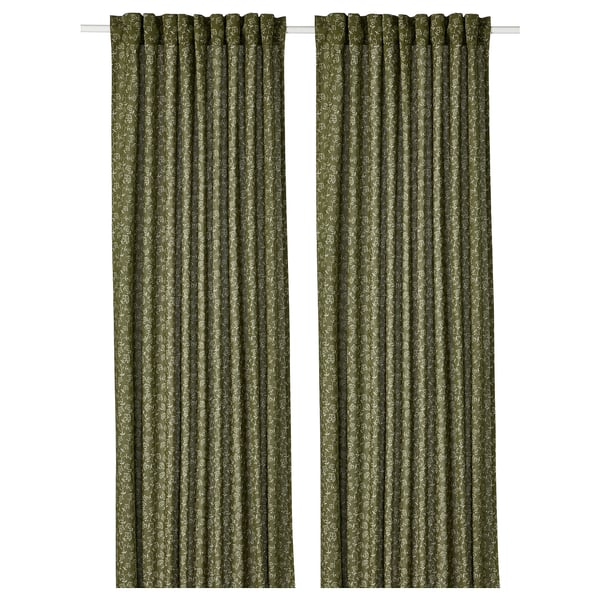 TRYSTÄVMAL Curtains, 1 pair, green/white floral pattern/with heading tape, 57x98 "
