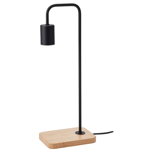 A sleek black TVÄRHAND lamp with a bamboo base, cylindrical shade, and minimalist design.