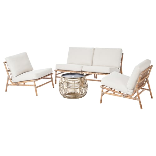 Modern outdoor furniture set with white cushions: 2 chairs, 1 sofa, & 1 coffee table, woven rattan design.