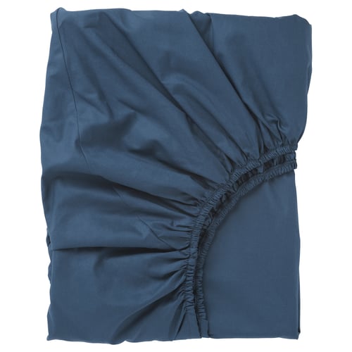 A blue ULLVIDE fitted sheet with elastic edges, made of cotton and lyocell, in a neatly folded square shape.