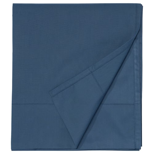 Folded blue bed sheet, folded, smooth texture, rectangular design.