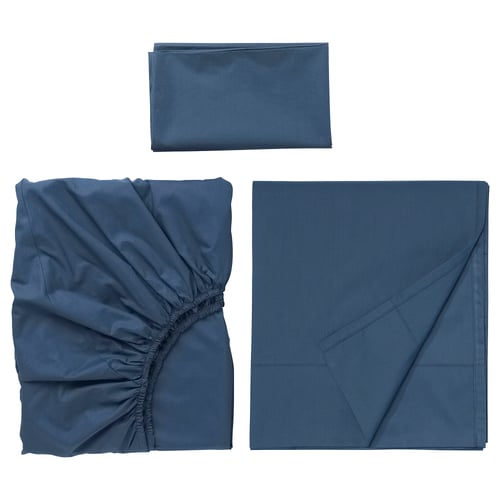 Blue bedding set: flat sheet, fitted sheet, and pillowcase. Soft, breathable, 85% cotton, 15% lyocell. Crisp, durable percale weave.
