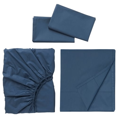 Blue ULLVIDE bedding set: flat sheet, fitted sheet, 2 pillowcases, soft cotton-lyocell blend.