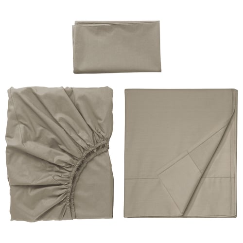 ULLVIDE bedding set in beige, including a flat sheet, fitted sheet, and pillowcase, displayed neatly.