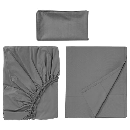 ULLVIDE grey bed set: smooth cotton and lyocell fabric. Includes fitted sheet, flat sheet, and pillowcase. Plain design, crisp, and breathable.